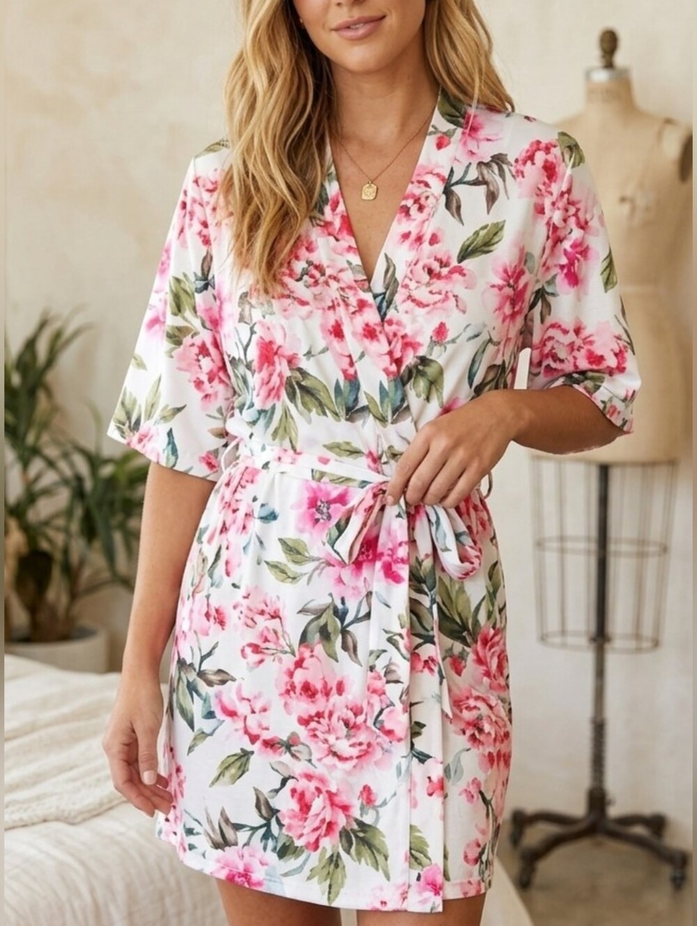 Floral Short Kimono Robe Brie Show Me Your Mumu Pink Relax With Coffee OS